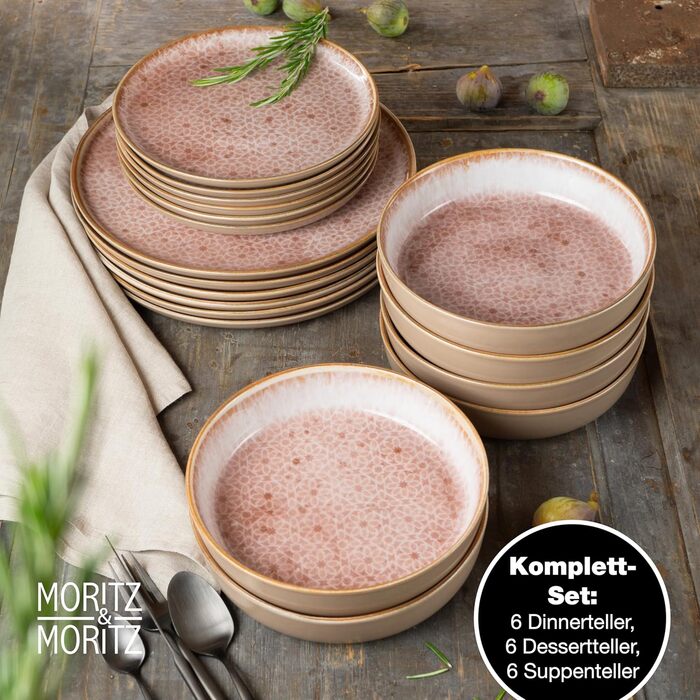 Moritz & Moritz TERRA 18-piece Dinnerware Set - 6 Place Settings - Plate Set in delicate Terracotta from high-quality porcelain - Dinnerware Set for 6 with 6 dinner plates, dessert plates, and bowls each - Terracotta 18-piece Dinnerware Set