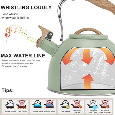 Чайник для плити Vegoran 3 л з гучним свистком, нержавіюча сталь з дерев'ястим декором, з кришкою-захопленням, для чаю, кави, молока (зелений)
