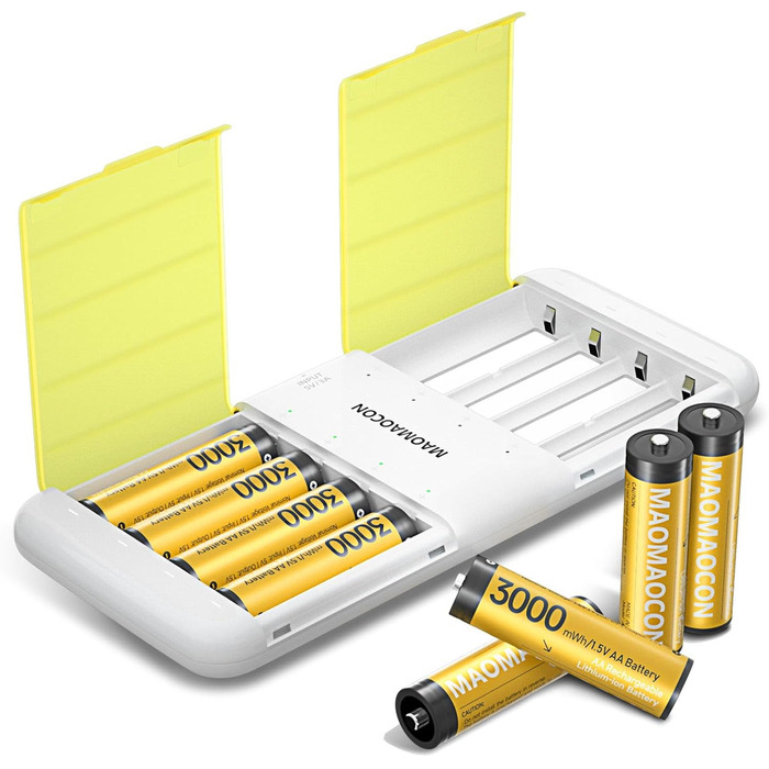 8 шт. літієвих акумуляторів AA з зарядним пристроєм, перезаряджувані батарейки AA, 3000 мАг, висока ємність, Mignon AA, 1.5V, акумуляторний зарядний пристрій з функцією зберігання заряду