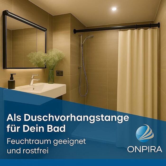 Дзеркальна штанга для душу Onpira® без свердління – нержавіюча штанга для штори для душу та гардини | 5 розмірів 40–230 см | 3 кольори: чорний, білий, нержавіюча сталь | Міцне кріплення до 12 кг, штанга 230 см