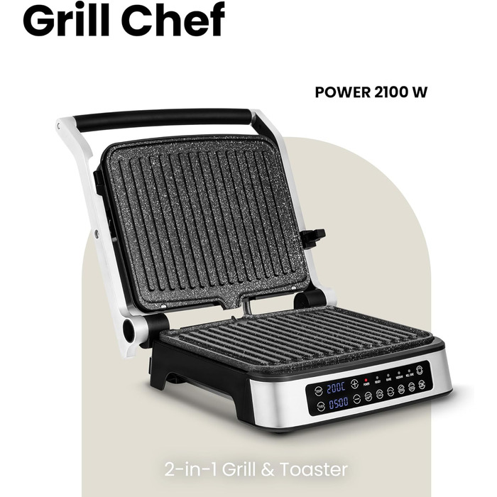 Grill Chef Electric Contact Grill and Sandwich Toaster 2100W, Removable Heating Plates, 2in1, 180° Foldable, Non-Stick Coating, Drip Tray, Acoustic Notifications (SILVER)