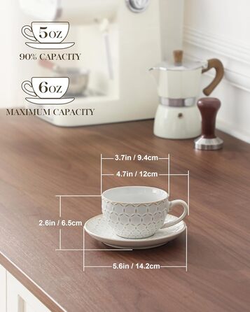 Набір кавових чашок MALACASA з блюдцем, 8 шт. (4 персони), кавовий сервіз з порцеляни, об'єм 180 мл, для кави, чаю, десертів, бежевий