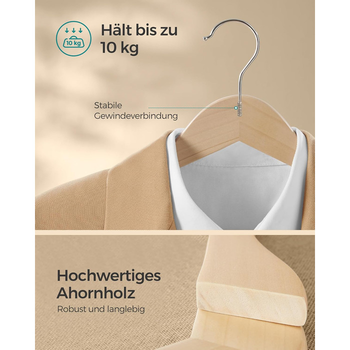 SONGMICS Wooden Clothes Hangers, 24-Piece Set, Wooden Hangers, Shoulder Indentations, Trouser Bar, Trouser Hanger, 360° Swivel Hook, for Jackets, Shirts, Coats, Natural Beige CRW010N24