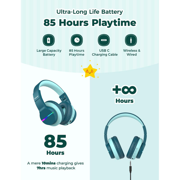 iClever навушники Bluetooth для дітей з LED-підсвіткою, Over-Ear, обмеження гучності 74/85dBA, 85 годин роботи, Bluetooth 5.2, мікрофон, BTH12, зелені