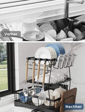 Сушарка для посуду Yissvic з нержавіючої сталі, 3-рівнева, з піддоном, тримачем для ножів та дощечкою для нарізання, поворотним виливом, чорна