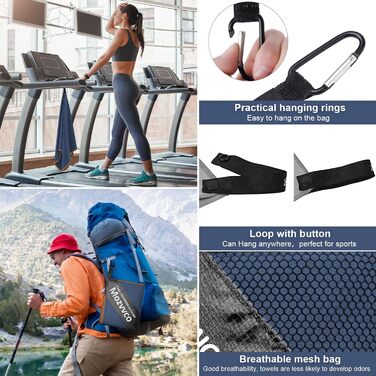 Набір рушників з мікрофібри: великий (180x80 см), спортивний (100x50 см), пляжний (80x40 см). Кольори: темно-сірий + зелений, темно-синій + помаранчевий