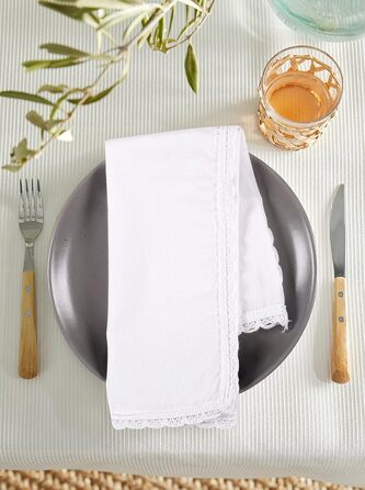 Household Linen Napkins, 20 x 20 inches, Linen, Cotton, Washable and Reusable, Lace Table Napkins for Hotel, Spring, Easter, Weddings and Parties, Very Absorbent, White, 12