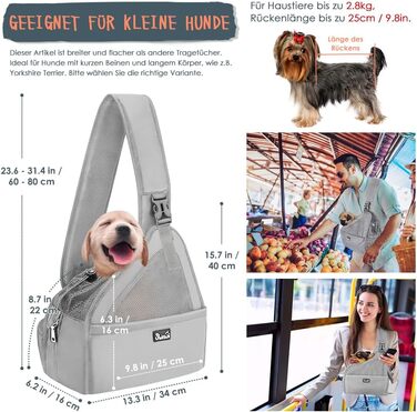 Dog-friendly sling carriers, hands-free travel bag for small pets with adjustable straps, hardboard base, safety belt, for dogs up to 2.8kg, wider version, gray