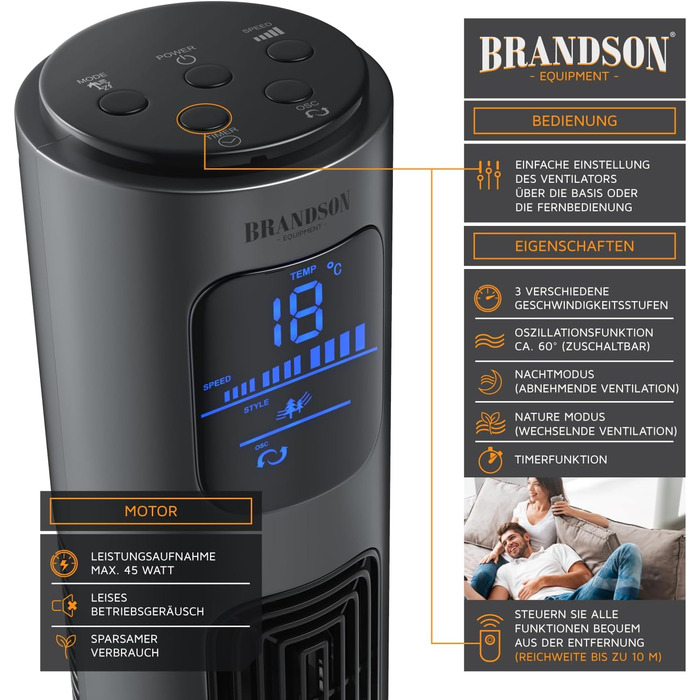 Вентилятор торгової марки Brandson з дистанційним керуванням, діаметром 96 см, преміум-якість (лауреат 2025 року), мобільний, тихий, підлоговий з осциляцією, 3 швидкості, 3 режими, таймер, сертифікат GS, колір: сірий