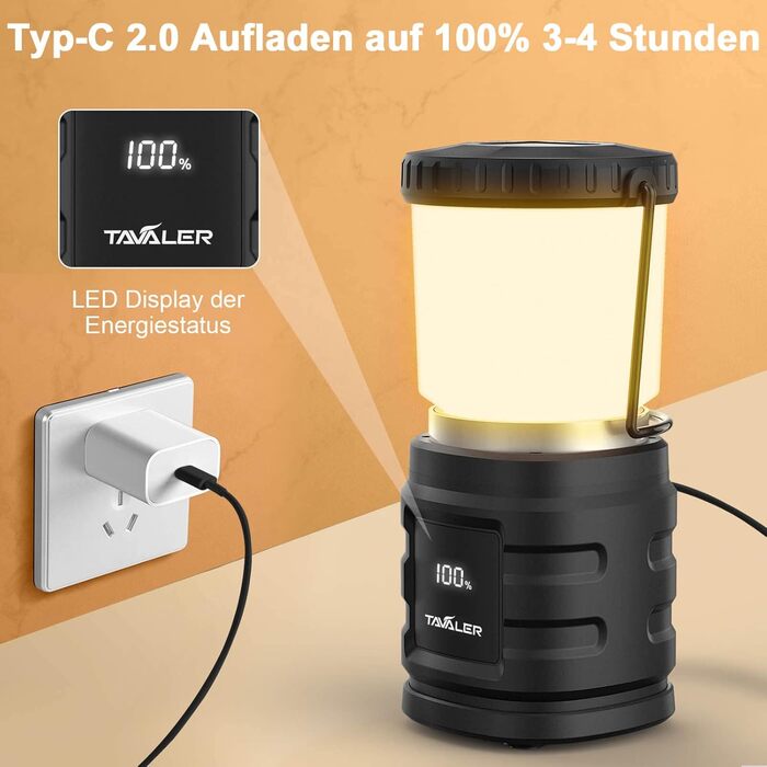 Tavaler Camping Lantern 8000 mAh Battery USB C Rechargeable Camping Lamp with LED Battery Level Display Screen Camping Light IP65 Waterproof Camp Light for Hiking, Outdoor, Emergency, Power Bank