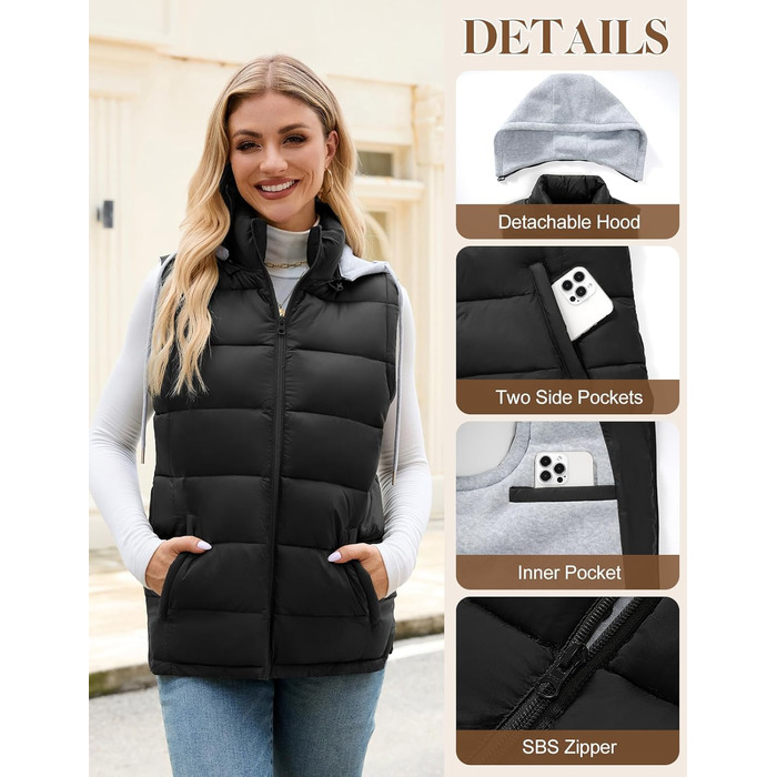 Чоловіча степкова жилетка Vancavoo з капюшоном, чорна, розмір S | З капюшоном, тепла, для відпочинку