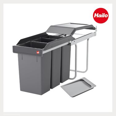 Відро для сміття Hailo Tandem 3650103 | Вбудований контейнер для сміття 2 секції | 50 мішків у комплекті | для шаф шириною від 300 мм | Зручний висувний механізм на роликах | Сріблястий та антрацитовий пластик