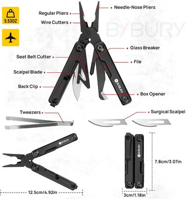 Мультитул BIBURY 10-в-1 з прихованими пінцетом, розбивачем скла, гурткорізом - для кемпінгу, риболовлі, туризму. Ідеальний подарунок для жінок та чоловіків.