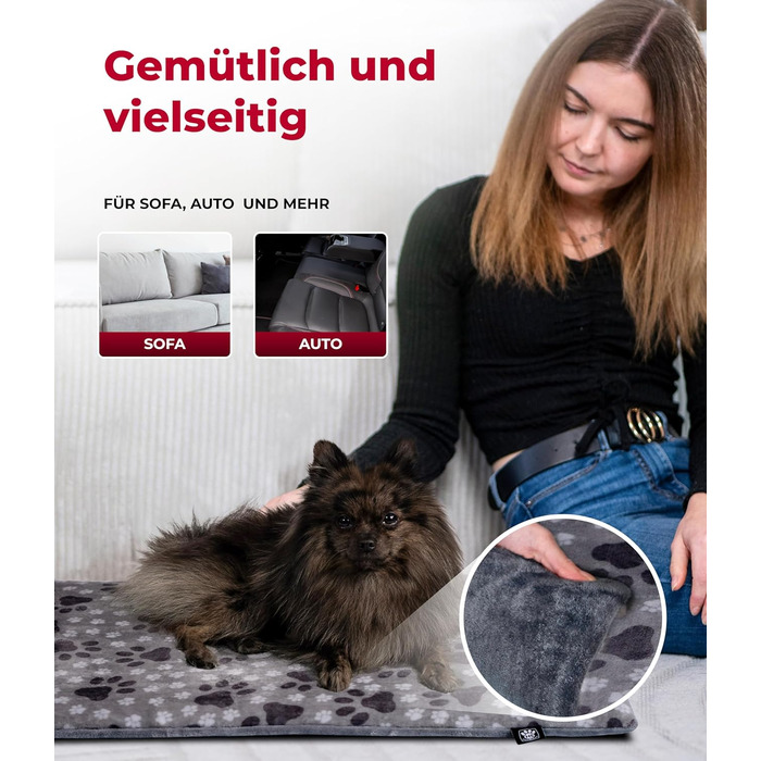 Підстилка для собак XS (45x65 см) – двостороння та зручна з наповнювачем 3 см – ідеальна для дивану, авто та переноски – лапка сірого кольору, Made in Germany 45 x 65 см, сіра лапка