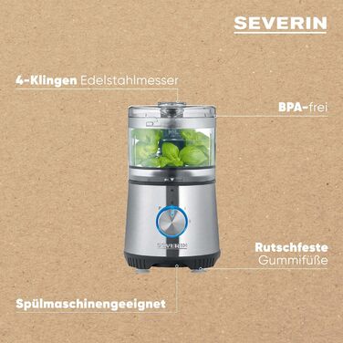 SEVERIN Compact Multi-Chopper, Universal Chopper for Coarse and Fine Chopping, Food Processor with Extensive Accessories, Brushed Stainless Steel / Black, KM 3865