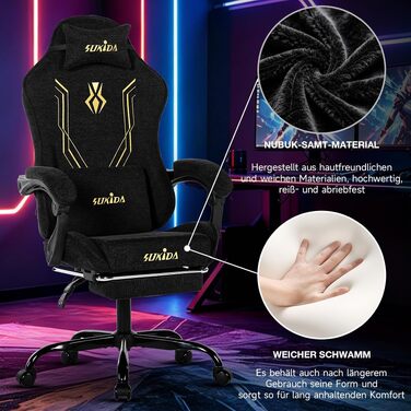 Ігрове крісло SUKIDA Ergonomic з тканини шеніль, з підставкою для ніг, підголівником та поперековою підтримкою, дихаючий матеріал, навантаження до 150 кг, чорне