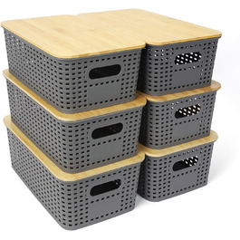 UHAPEER Storage Box with Bamboo Lid, 6 Pack Storage Basket, Plastic Basket Storage, Kitchen Organizer White, Stackable Storage Boxes, Box with Lid 25.6 x 18 x 10.7 cm (Gray)