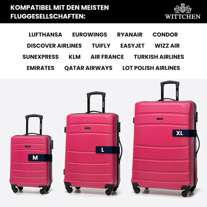 Набір валіз WITTCHEN Globe Line: 4 валізи, жорсткий корпус ABS, телескопічна ручка, кодовий замок, 4 колеса. Підходить для Lufthansa, Eurowings, Ryanair, Condor, Discover Airlines (Рожевий)