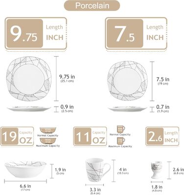 Набір посуду VEWEET 'Serena' з порцеляни, 24 елементи | 6 тарілок для сніданку, десерту, обіду та супу | Сервіз для 6 осіб, ресторану, сім'ї (білий)