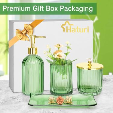 Haturi Bathroom Accessory Set, 4-Piece, Glass Bathroom Accessory Set, complete with lotion soap dispenser, toothbrush holder, apothecary jar, vanity tray, bathroom decor, gift for (Green)