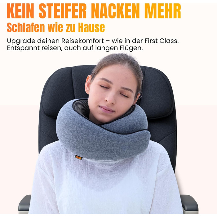 Подушка для шиї у літак, автомобіль: 100% бавовна та Memory Foam, легка та зручна, повний дорожній набір (маска для сну, беруші) - світло-сірий, класична модель