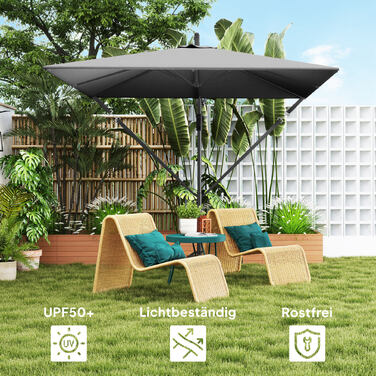 Зонт Outsunny для підвішування Ø260 см, парасолька з захистом від ультрафіолету 50+, водовідштовхувальний, розкладний зонт з ручкою, стійкою, покриттям, ручкою, захистом від вітру, ринковий зонт, що нахиляється, садовий зонт для балкона, тераси сірого кол
