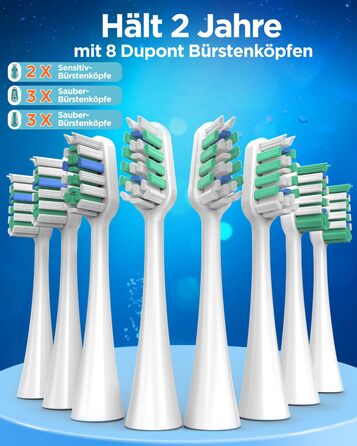 Електрична зубна щітка зі звуковими вібраціями, 8 насадок (3 типи), таймер, 120 днів роботи від акумулятора, 5 режимів чищення, чохол для подорожей, док-станція, фіолетовий колір