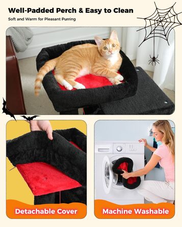 PETEPELA Scratching Post with Dual Condos for Apartment Cats, All-in-One Cat House with Padded Perch, Scratch Ramp & Post, and Replaceable Balls (Black, S 77cm)