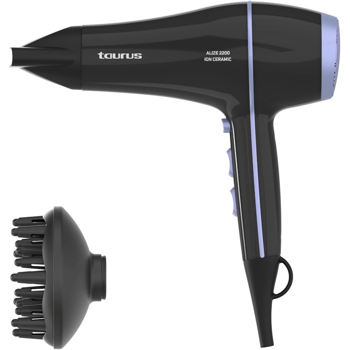 Фен Taurus Alize 2200 з іонізацією та керамічним покриттям | 6 режимів, холодний потік, концентратор та дифузор | Чорний