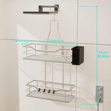 Настінна поличка для душу HapiRm з 4 гачками - регульована, для шампуню та мила, нержавіюча сталь (Sand Nickel)