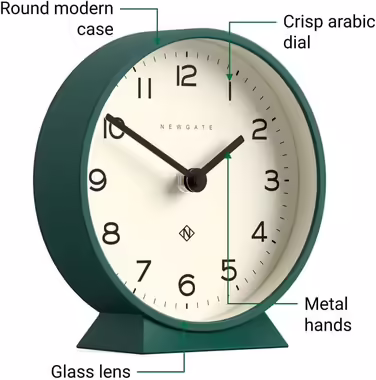 NEWGATE® M Silent Mantel Clock - 'No Ticking' - A Modern Mantel Clock - Small Clock - Mantel Clocks - Minimalist Dial - (Eden Green)