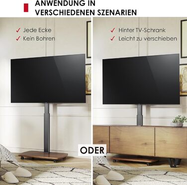 AOKCOS Rolling TV Stand with Wood Shelf - Adjustable Height & Swivel - Fits 43-75 Inch TVs (up to 50kg) - VESA 600x400mm - White+Natural (Black+Vintage Brown)