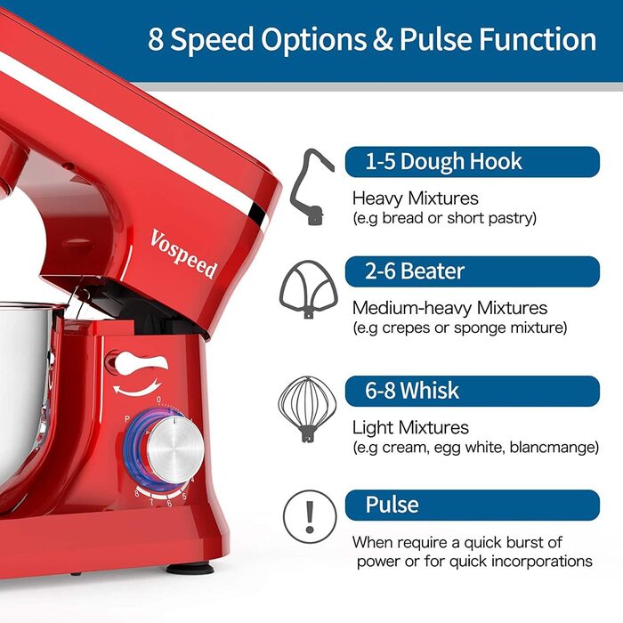 Кухонна машина Vospeed (червона), тістоміс 5QT, 8 швидкостей, чаша з нержавіючої сталі, набір насадок (гак, вінчик, міксер), придатна для мийки в посудомийній машині