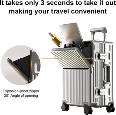 Чемодан ручної поклажі для весни/літа, сертифікований для авіаперевезень, з TSA-замком, 360° колесами, PC-корпусом та міцним алюмінієвим каркасом, підходить для розмірів 20'', 24'' та 26''. (20'', Срібло) Срібло 20‘’