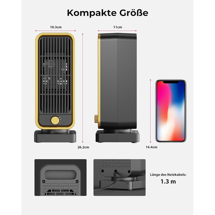 Електричний обігрівач 2000W з енергозбереженням, тихий, 3 режими, PTC кераміка, швидкий нагрів, ECO режим, пульт, таймер 12H, поворот 70°, для офісу, спальні, ванної кімнати (чорний)