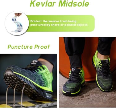 Легкі робочі черевики для чоловіків та жінок. Безпечні, неслизькі, спортивного стилю, зі сталевим підноском. Дихаючі, робочі черевики (42 EU, Зелений)