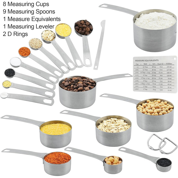 Measuring Cup and Spoon Set, 18/8 Stainless Steel - 8 Measuring Cups and 9 Measuring Spoons with Leveler and Measuring Equivalents, Kitchen and Baking Measuring Cups and Spoons 19-Piece Set