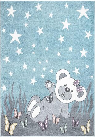 Килим у дитячу кімнату Teddy-Bär, блакитний/сірий, 120x160 см, короткий ворс, зірки та метелики, м'який килим для дітей