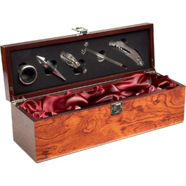 Набір аксесуарів для бару BRUBAKER 6-в-1 з ящиком для вина - дизайн з благородного дерева - набір сомельє з нержавіючої сталі з виливальником + пробкою + термометром для вина + кільцем від крапель - подарунковий набір сріблястого кольору