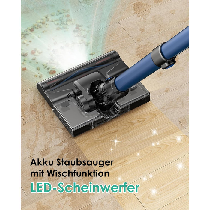 Бездротовий акумуляторний пилосос з функцією миття підлоги, 45000 Па/550 Вт/60 хв, безщітковий двигун, LED-дисплей, самостійна парковка, для твердих поверхонь, килимів та шерсті тварин, блакитний