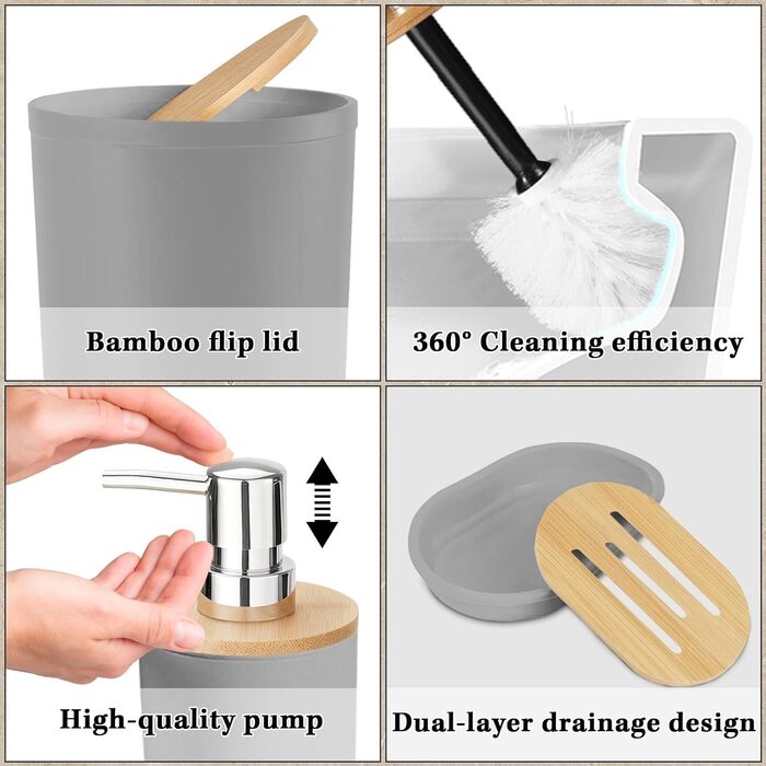 Набір аксесуарів для ванної кімнати Britimes, сірий: душова завіса, відро, дозатор мила, тримач для туалетного йоржика, тримач для зубних щіток та стаканчик для зубних щіток