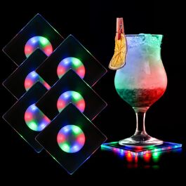 MEDOYOH Square Cool White LED Coasters for Drinks, ON/Off Switch Drink Coasters Set, Waterproof Coasters Illuminated for Glasses Bottles Parties Weddings Bar Christmas (Colorful LED, 6-Piece Set)