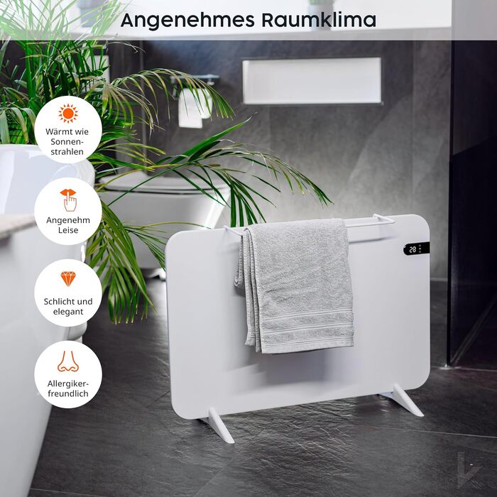 Könighaus 450W Smart Двохкамерний інфрачервовий обігрівач V2 - підлоговий/настінний - керування через Wi-Fi з пульт, з тримачем для рушників, ніжками та кріпленням. Колір: Білий 450 Вт - з дисплеєм