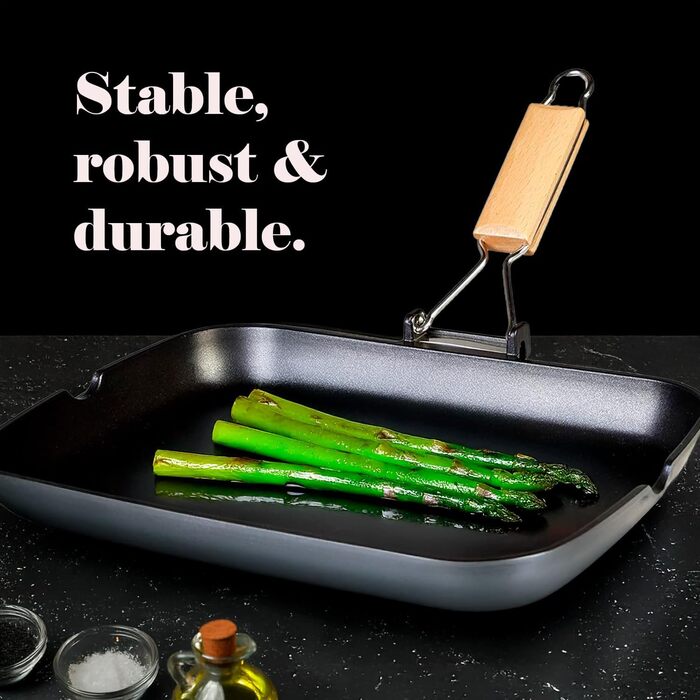 Сковорода-гриль WECOOK! Ecostone 34x24 см для індукції, алюмінієва, антипригарне покриття ILAG, екологічна, без ПФОК, товщина 5 мм, складана дерев'яна ручка, для газу та склокераміки