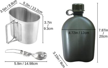 Military Mess Kit, Aluminum Cup Set with Lid and Folding Stainless Steel Spoon/Fork for Hiking Camping, 1 Quart Green