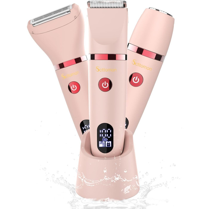 Електричний жіночий триммер 3-в-1 для обличчя, тіла та зони бікіні. Вологостійкий, з LCD-дисплеєм, рожевий