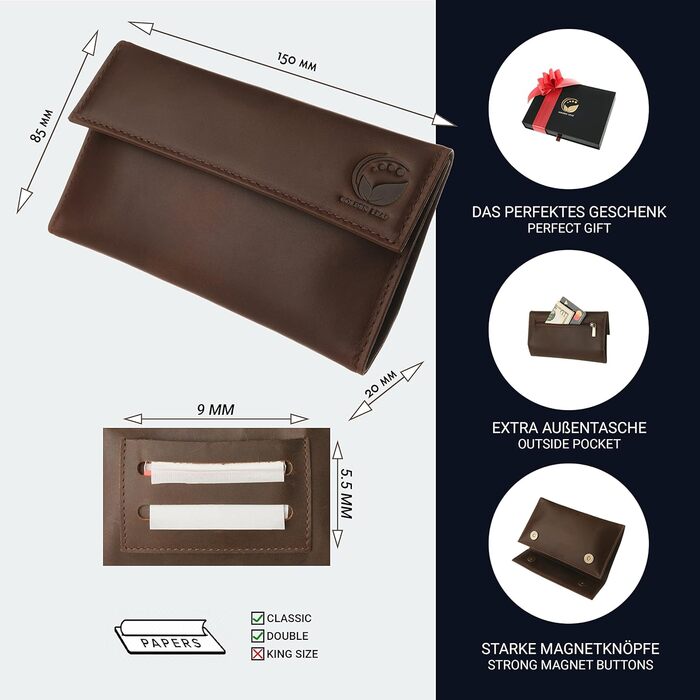 Golden Leaf Leather Tobacco Pouch | Elegant Leather Tobacco Bag with space for tobacco, filters, and a double pack of rolling papers | With an extra pocket for additional accessories | Rolling tobacco pouch for women & men
