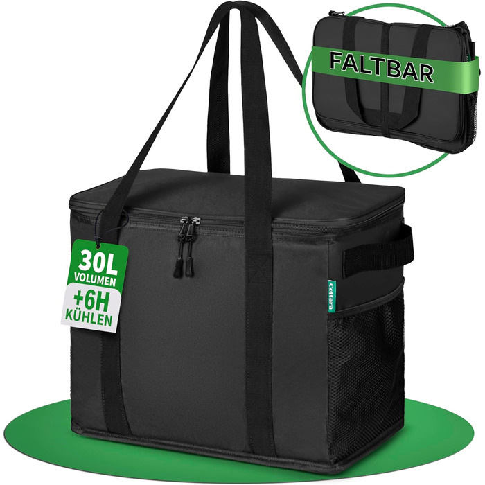 Large Cooler Bag 2-Piece Set Made from Recycled Material – Foldable Large Cooler Bags with Reinforced Bottom – Extra Stable, Ideal as Shopping Bag, Insulated Bag, Thermal Bag Cooler Box 30l (Black, sold individually)