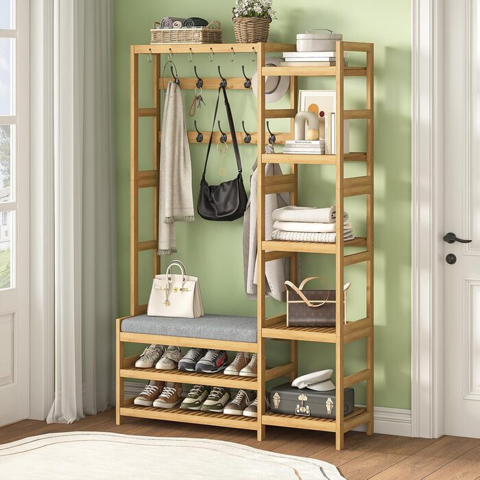 VIAGDO Wardrobe with Shoe Bench, Clothes Rack with 5 Storage Shelves, Wardrobe with Shoe Shelf, 10 Double Hooks, Entryway Wardrobe for Hallway and Bedroom 104x33x175 cm (104 x 33 x 175 cm)