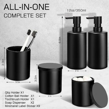 Набір аксесуарів для ванної кімнати, 5 предметів, матовий чорний: мильниця, стакан для зубних щіток, тримач для ватних паличок та бавовни, сучасний декор